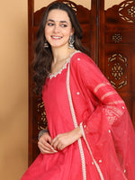 Ahika Women Pink Silk Blend Embroidered Anarkali Kurta Palazzo Set With Dupatta