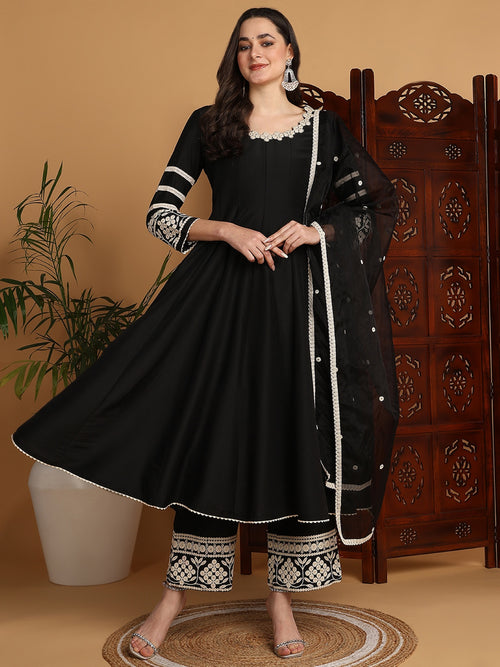 Ahika Women Black Silk Blend Embroidered Anarkali Kurta Palazzo Set With Dupatta