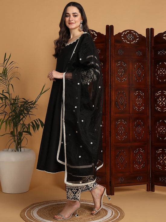 Ahika Women Black Silk Blend Embroidered Anarkali Kurta Palazzo Set With Dupatta