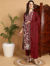 Ahika Women Maroon Silk Blend Embroidered Straight Kurta Pant Set With Dupatta