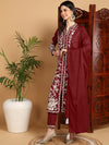 Ahika Women Maroon Silk Blend Embroidered Straight Kurta Pant Set With Dupatta