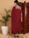 Ahika Women Maroon Silk Blend Embroidered Straight Kurta Pant Set With Dupatta