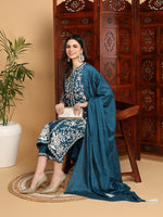 Ahika Women Teal Silk Blend Embroidered Straight Kurta Pant Set With Dupatta