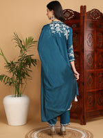 Ahika Women Teal Silk Blend Embroidered Straight Kurta Pant Set With Dupatta