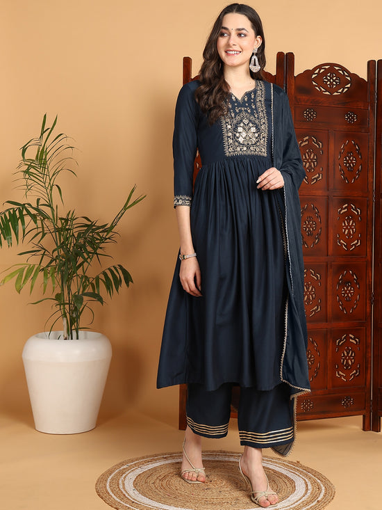 Ahika Women Blue Cotton Blend Yoke Design A-Line Kurta Pant Set With Dupatta