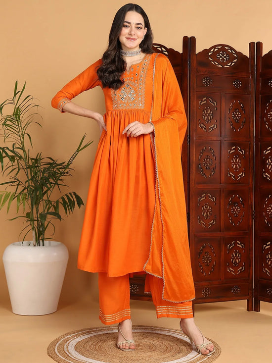 Ahika Women Orange Cotton Blend Yoke Design A-Line Kurta Pant Set With Dupatta