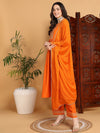 Ahika Women Orange Cotton Blend Yoke Design A-Line Kurta Pant Set With Dupatta