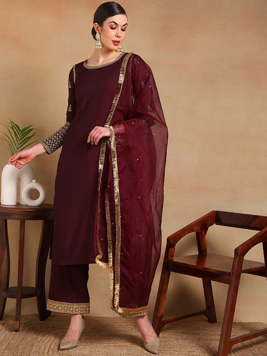 Ahika Women Burgundy Silk Blend Embroidered Straight Kurta Pant Set With Dupatta