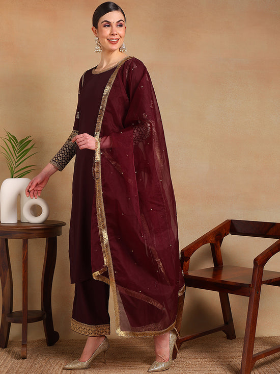 Ahika Women Burgundy Silk Blend Embroidered Straight Kurta Pant Set With Dupatta