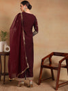 Ahika Women Burgundy Silk Blend Embroidered Straight Kurta Pant Set With Dupatta