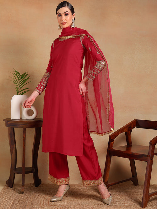 Ahika Women Red Silk Blend Embroidered Straight Kurta Pant Set With Dupatta