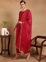 Ahika Women Red Silk Blend Embroidered Straight Kurta Pant Set With Dupatta