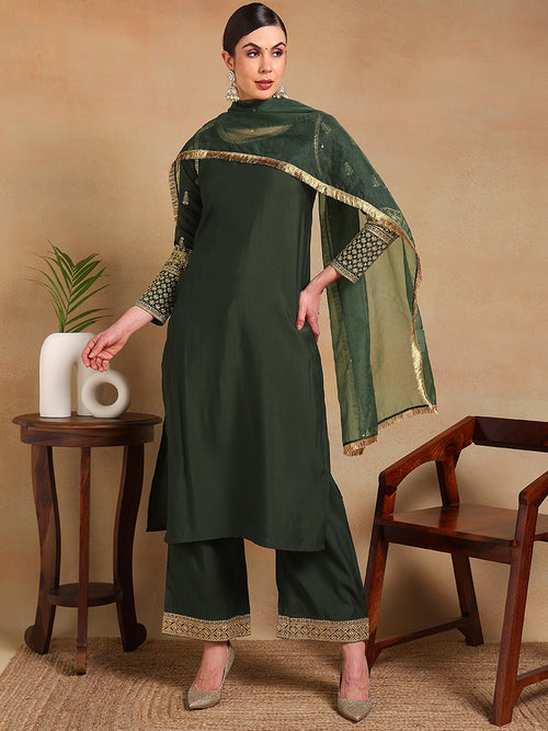 Ahika Women Olive Silk Blend Embroidered Straight Kurta Pant Set With Dupatta