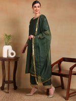 Ahika Women Olive Silk Blend Embroidered Straight Kurta Pant Set With Dupatta