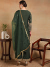 Ahika Women Olive Silk Blend Embroidered Straight Kurta Pant Set With Dupatta