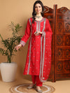 Ahika Women Red Silk Blend Solid Embroidered Straight Kurta Trouser With Dupatta