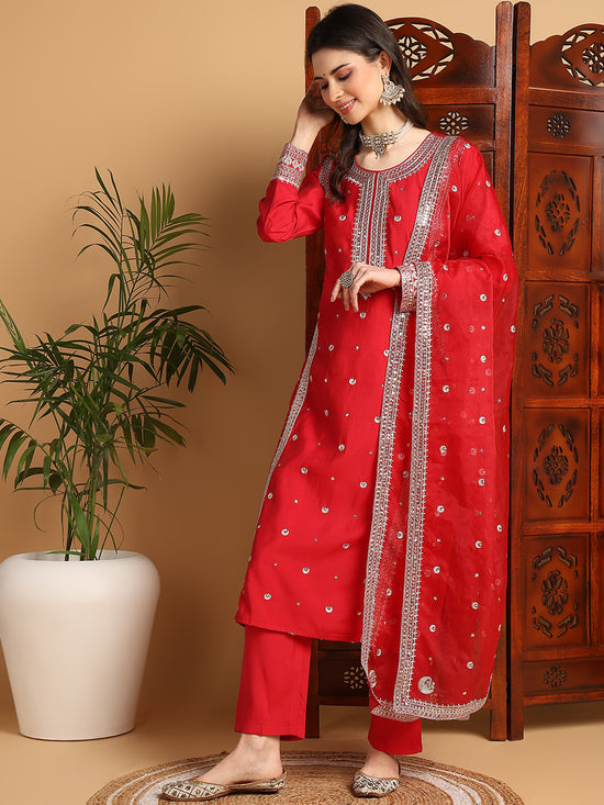 Ahika Women Red Silk Blend Solid Embroidered Straight Kurta Trouser With Dupatta