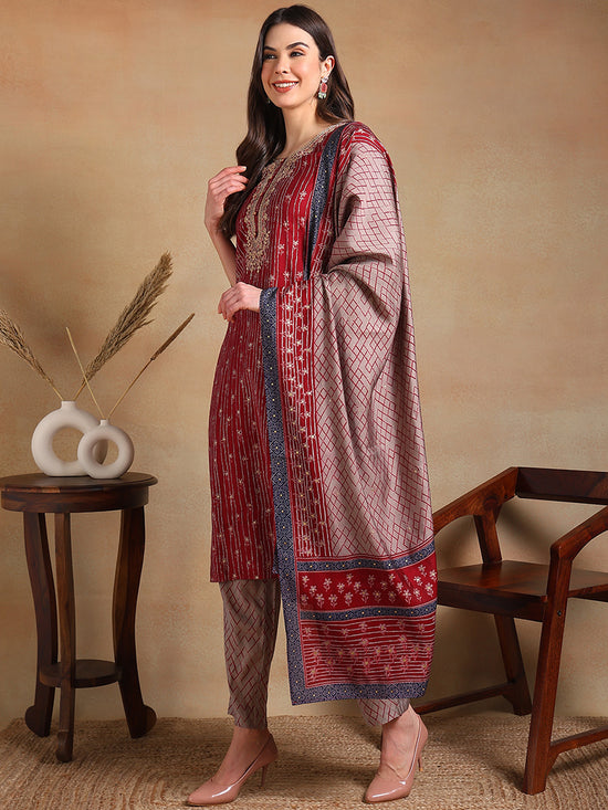 Ahika Women Maroon Silk Blend Embroidered Straight Kurta Pant Set With Dupatta