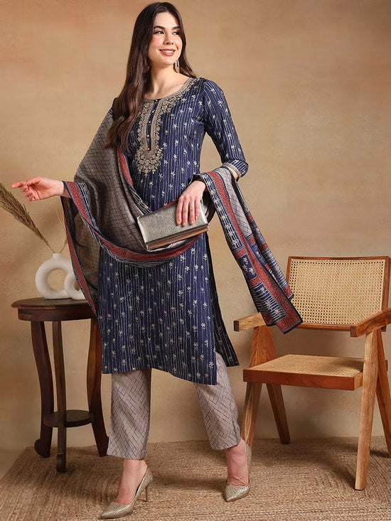 Ahika Women Navy Blue Silk Blend Embroidered Straight Kurta Pant Set With Dupatta-PKSKD2236_S