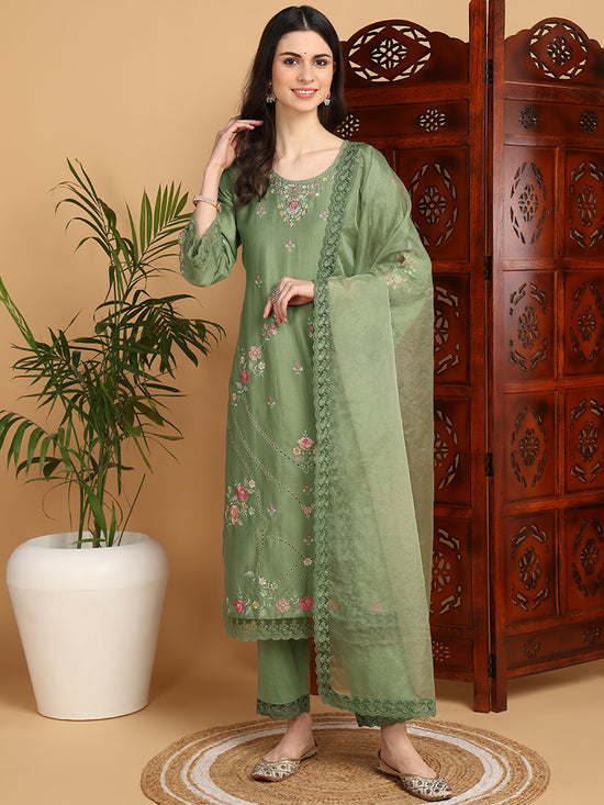 Ahika Women Green Silk Blend Embroidered Straight Kurta Pant Set With Dupatta