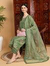 Ahika Women Green Silk Blend Embroidered Straight Kurta Pant Set With Dupatta