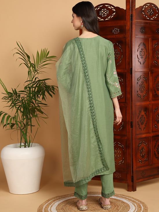 Ahika Women Green Silk Blend Embroidered Straight Kurta Pant Set With Dupatta