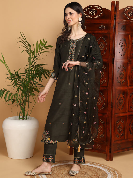 Ahika Women Olive Silk Blend Embroidered Straight Kurta Pant Set With Dupatta