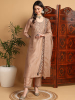 Ahika Women Beige Silk Blend Floral Embroidered Straight Kurta Trouser With Dupatta