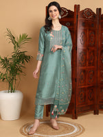 Ahika Women Teal Silk Blend Yoke Design Straight Kurta Pant Set With Dupatta