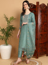 Ahika Women Teal Silk Blend Yoke Design Straight Kurta Pant Set With Dupatta