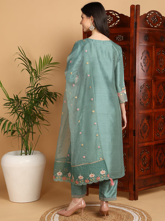 Ahika Women Teal Silk Blend Yoke Design Straight Kurta Pant Set With Dupatta