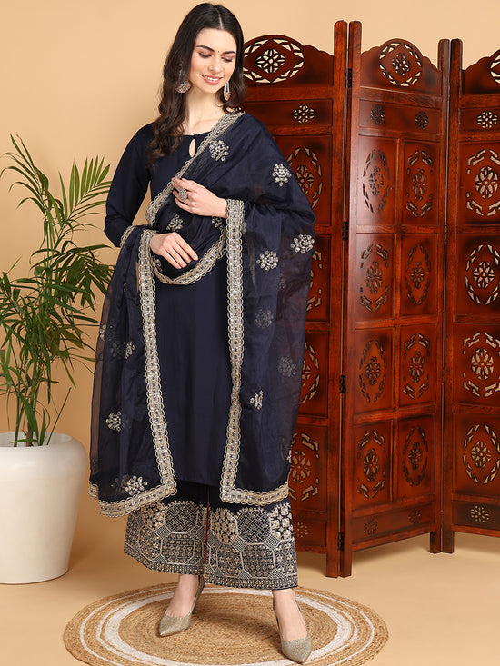 Ahika Women Navy Blue Silk Blend Solid Straight Kurta Palazzo Set With Dupatta