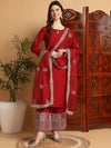 Ahika Women Maroon Silk Blend Solid Solid Straight Kurta Palazzo With Dupatta