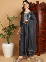 Ahika Women Grey Georgette Embroidered Straight Kurta Sharara Set With Dupatta