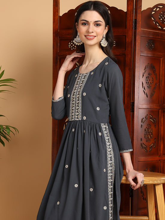 Ahika Women Grey Georgette Embroidered Straight Kurta Sharara Set With Dupatta