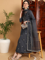 Ahika Women Grey Georgette Embroidered Straight Kurta Sharara Set With Dupatta