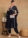 Ahika Women Navy Blue Georgette Embroidered Straight Kurta Salwar Set With Dupatta