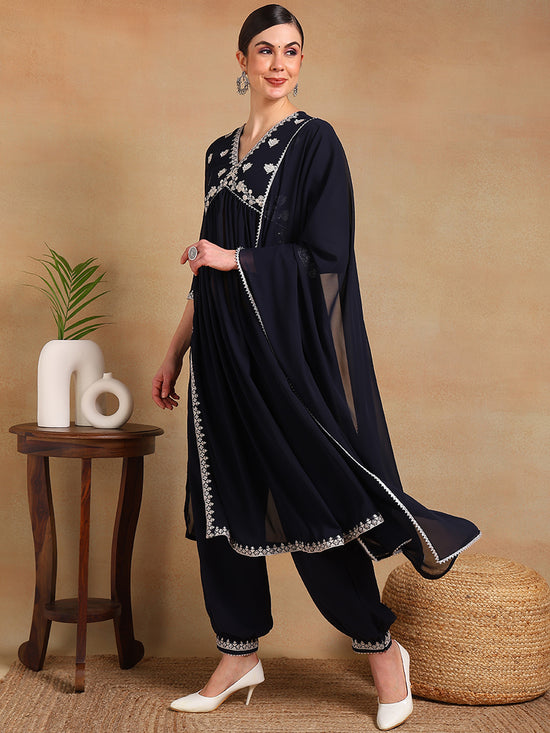 Ahika Women Navy Blue Georgette Embroidered Straight Kurta Salwar Set With Dupatta