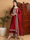 Ahika Women Maroon Silk Blend Solid Embroidered Straight Kurta Palazzo With Dupatta