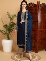 Ahika Women Navy Blue Silk Blend Embroidered Straight Kurta Palazzo Set With Dupatta