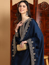 Ahika Women Navy Blue Silk Blend Embroidered Straight Kurta Palazzo Set With Dupatta