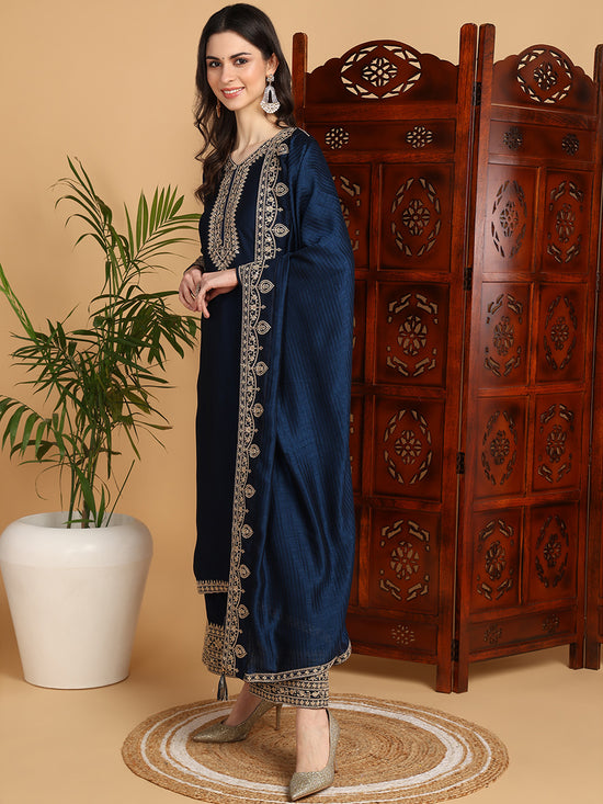 Ahika Women Navy Blue Silk Blend Embroidered Straight Kurta Palazzo Set With Dupatta