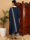 Ahika Women Navy Blue Silk Blend Embroidered Straight Kurta Palazzo Set With Dupatta