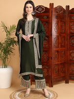 Ahika Women Olive Silk Blend Embroidered Straight Kurta Palazzo Set With Dupatta