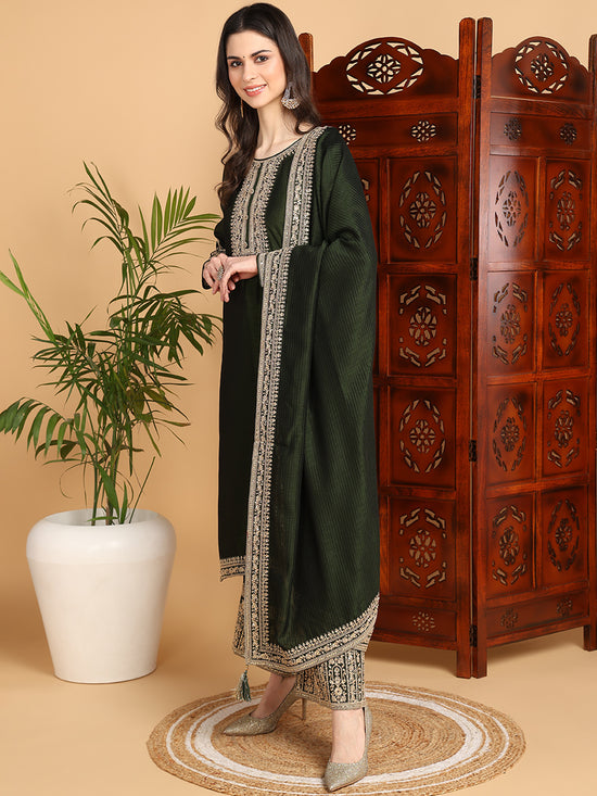 Ahika Women Olive Silk Blend Embroidered Straight Kurta Palazzo Set With Dupatta