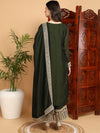 Ahika Women Olive Silk Blend Embroidered Straight Kurta Palazzo Set With Dupatta