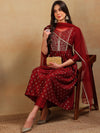 Ahika Women Maroon Silk Blend Woven Design A-Line Kurta Pant Set With Dupatta