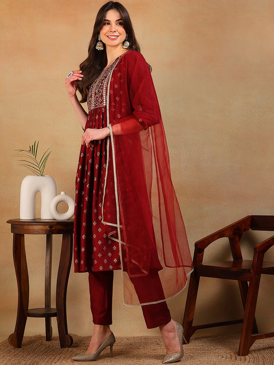 Ahika Women Maroon Silk Blend Woven Design A-Line Kurta Pant Set With Dupatta