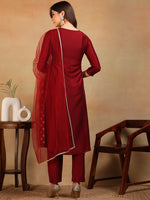 Ahika Women Maroon Silk Blend Woven Design A-Line Kurta Pant Set With Dupatta