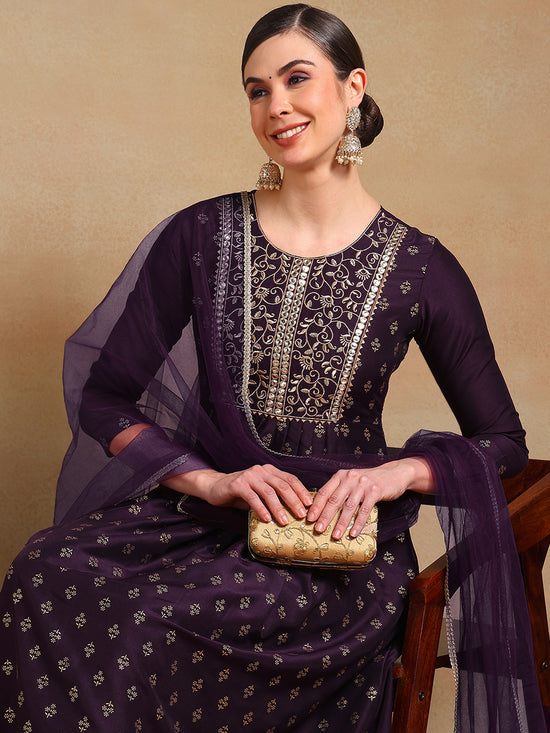 Ahika Women Purple Silk Blend Woven Design A-Line Kurta Pant Set With Dupatta